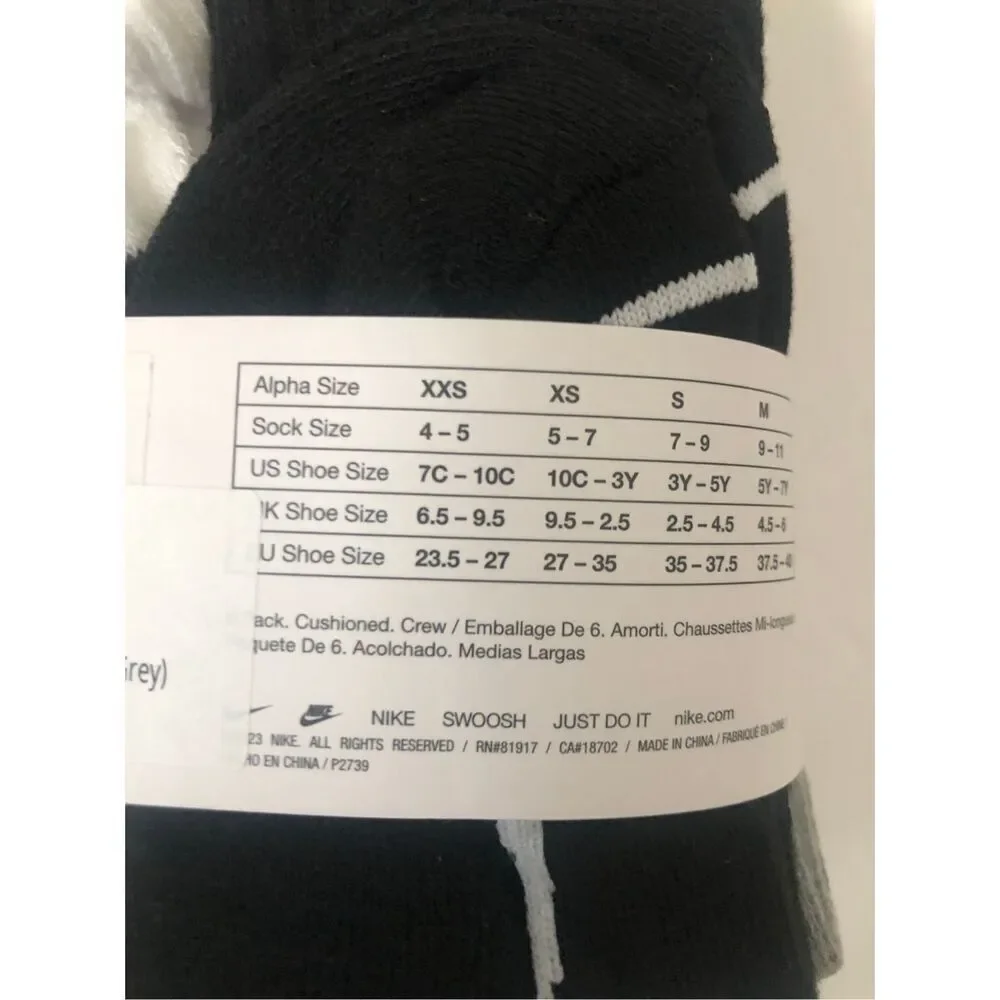 Nike Boys Cushioned Crew Socks 6 Pack (Grey/White/Black) size 7C-10C